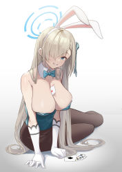 Rule 34 | 1girl, absurdres, animal ears, arm support, asuna (blue archive), asuna (bunny) (blue archive), between breasts, black pantyhose, blonde hair, blue archive, blue bow, blue bowtie, blue eyes, blue leotard, blue ribbon, bow, bowtie, breasts, card, cleavage, commentary request, detached collar, fake animal ears, gloves, gradient background, grin, hair over one eye, hair ribbon, hairband, halo, highres, komi (komiking), large breasts, leotard, long hair, looking at viewer, mole, mole on breast, pantyhose, playboy bunny, playing card, ribbon, sagging breasts, simple background, sitting, smile, solo, traditional bowtie, very long hair, white background, white gloves, white hairband, yokozuwari