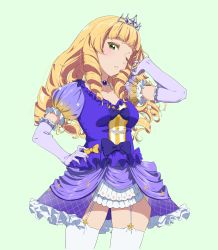 Rule 34 | 0364p, 1girl, ;(, absurdres, adjusting hair, alternate costume, alternate hairstyle, blonde hair, blush, breasts, choker, collarbone, dress, drill hair, elbow gloves, garter straps, gloves, hair ornament, hand on own hip, hand up, heanna sumire, highres, hime cut, legs, lips, lipstick, long hair, looking at viewer, love live!, love live! superstar!!, makeup, medium breasts, nonfiction!! (love live!), one eye closed, out of frame, ribbon-trimmed clothes, ribbon trim, short dress, simple background, solo, star (symbol), thighhighs, thighs, tiara, tight clothes, white thighhighs, yellow eyes