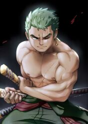 Rule 34 | 1boy, absurdres, bara, earrings, feet out of frame, fighting stance, green hair, highres, jewelry, large pectorals, light smile, long sideburns, looking to the side, male focus, mondoart, muscular, muscular male, one piece, pectorals, ready to draw, roronoa zoro, short hair, sideburns, single earring, solo, standing, topless male, v-shaped eyebrows