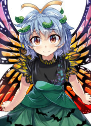 Rule 34 | 1girl, antennae, blue hair, brown eyes, butterfly wings, closed mouth, dress, e.o., eternity larva, green dress, hair ornament, highres, insect wings, leaf hair ornament, looking at viewer, short hair, simple background, smile, solo, touhou, white background, wings