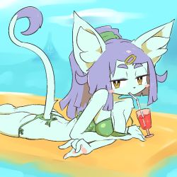 Rule 34 | 1girl, bikini, cat, female focus, furry, furry female, looking at viewer, lying, on floor, on stomach, purple hair, solo, swimsuit, the amboina, upper body, yellow eyes