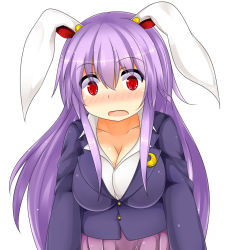 Rule 34 | 1girl, animal ears, blazer, blush, breasts, rabbit ears, cleavage, collarbone, crescent, crescent hair ornament, female focus, hair ornament, jacket, large breasts, long hair, long sleeves, md5 mismatch, open mouth, pleated skirt, purple hair, red eyes, reisen udongein inaba, revision, shirt, skirt, solo, touhou, us2s, very long hair, wide-eyed