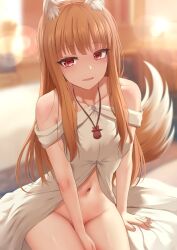 Rule 34 | 1girl, animal ears, bare shoulders, blush, brown hair, collarbone, commentary, dress, english commentary, ginhaha, highres, holo, long hair, looking at viewer, navel, off-shoulder dress, off shoulder, red eyes, solo, spice and wolf, tail, wolf ears, wolf girl, wolf tail