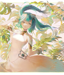 Rule 34 | 1girl, aqua hair, bare shoulders, bracelet, breasts, cha chya, commentary, dress, faruzan (genshin impact), genshin impact, grey eyes, hair ornament, highres, jewelry, long hair, looking at viewer, parted lips, small breasts, solo, twintails, white dress, x hair ornament