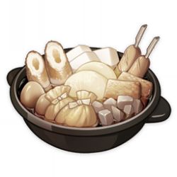 Rule 34 | artist request, commentary, english commentary, fish (food), food, food focus, game cg, genshin impact, lowres, money bag (food), muted color, no humans, official art, pot, sausage, simple background, skewer, still life, third-party source, tofu, transparent background