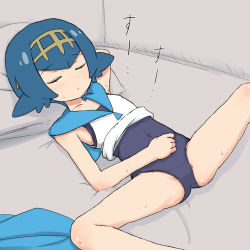 Rule 34 | 1girl, arm behind back, arm behind head, blue hair, blue sailor collar, closed mouth, clothes lift, creatures (company), feet out of frame, game freak, highres, lana (pokemon), lying, nintendo, on back, one-piece swimsuit, pokemon, pokemon sm, sailor collar, school swimsuit, shirt, shirt lift, short hair, sleep molestation, solo, spread legs, sweat, swimsuit, white shirt, yakihebi