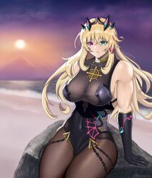 1girl :t ball_earrings bare_shoulders barghest_(fate) barghest_(second_ascension)_(fate) beach biceps black_dress black_gloves blonde_hair blue_horns breasts brown_pantyhose chain cleavage closed_mouth cloud cloudy_sky commentary covered_navel dress earrings elbow_gloves english_commentary fate/grand_order fate_(series) foam gloves gold_necklace green_eyes hair_between_eyes hand_rest heterochromia highres horns jewelry konarius88 large_breasts long_hair looking_afar mixed-language_commentary mountain multicolored_horns necklace ocean outdoors pantyhose pelvic_curtain pout red_eyes red_horns rock sand see-through_clothes see-through_cleavage see-through_clothes sideboob sidelocks sitting skin_tight sky solo sunset twitter_username two-tone_horns