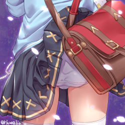 Rule 34 | 1girl, accidental exposure, ass, ass focus, bag, black skirt, blue shirt, cheese, cherry blossoms, close-up, commentary request, food, from behind, granblue fantasy, mouse (animal), panties, petals, purple background, satchel, shirt, skirt, skirt caught on object, solo, thighhighs, torimaru, twitter username, underwear, vikala (granblue fantasy), white panties, white thighhighs