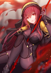 Rule 34 | 1girl, armor, between breasts, bison cangshu, bodysuit, breasts, commentary, eyes visible through hair, fate (series), gae bolg (fate), gem, hair between eyes, hair ornament, holding, holding weapon, large breasts, long hair, looking at viewer, parted lips, pauldrons, polearm, purple bodysuit, purple hair, red eyes, revision, scathach (fate), shoulder armor, sitting, solo, spear, very long hair, weapon