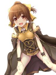Rule 34 | 1girl, armor, bare shoulders, blush, bow, bracelet, breastplate, brown eyes, brown hair, cape, delthea (fire emblem), fang, fire emblem, fire emblem echoes: shadows of valentia, highres, inanaki shiki, jewelry, long hair, looking at viewer, looking down, nintendo, open mouth, ponytail, simple background, smile, solo, thighhighs, thighs, zettai ryouiki