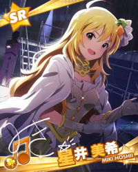 Rule 34 | 10s, 1boy, 1girl, ahoge, beamed quavers, blonde hair, blush, card (medium), character name, character signature, faceless, faceless male, gloves, green eyes, hoshii miki, idolmaster, idolmaster (classic), idolmaster million live!, jacket, jacket on shoulders, kuroi takao, long hair, looking at viewer, musical note, official art, signature, solo focus