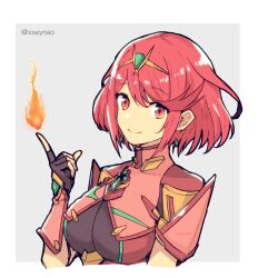 Rule 34 | 1girl, bob cut, chest jewel, dangle earrings, earrings, fingerless gloves, fire, gloves, highres, impossible clothes, jewelry, mochimochi (xseynao), pyra (xenoblade), pyrokinesis, red eyes, red hair, short hair, short sleeves, smile, swept bangs, tiara, upper body, xenoblade chronicles (series), xenoblade chronicles 2