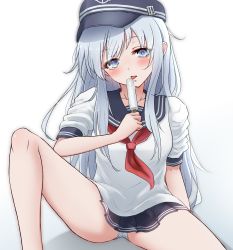 Rule 34 | 1girl, black hat, blouse, blue eyes, blue sailor collar, blue skirt, commentary request, flat cap, food, hat, hibiki (kancolle), highres, holding, holding food, kantai collection, licking, long hair, neckerchief, nuka (nvkka), panties, pantyshot, pleated skirt, popsicle, red neckerchief, sailor collar, school uniform, serafuku, shirt, short sleeves, silver hair, sitting, skirt, solo, striped clothes, striped panties, tongue, tongue out, underwear, white shirt