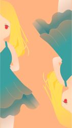 Rule 34 | 1girl, arms behind back, blonde hair, blue dress, dress, flat color, highres, layered dress, long hair, no mouth, no nose, orange background, original, parted hair, red eyes, rotational symmetry, short dress, simple background, tsumuji (0718syu), upside-down