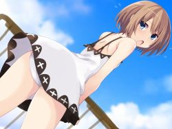 Rule 34 | 1girl, ass, bare shoulders, blanc (neptunia), blue eyes, blush, brown hair, clothes lift, dress, dress lift, embarrassed, from behind, from below, iwashi dorobou -r-, looking back, neptune (series), open mouth, panties, pantyshot, shiny skin, short hair, solo, underwear