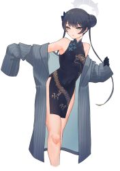 Rule 34 | 1girl, bare shoulders, black dress, black gloves, black hair, blue archive, blush, braid, braided bun, breasts, butterfly hair ornament, china dress, chinese clothes, coat, double bun, dragon print, dress, gloves, grey coat, grey eyes, hair bun, hair ornament, half gloves, halo, highres, kisaki (blue archive), long hair, long sleeves, looking at viewer, niwaikanai, off shoulder, pelvic curtain, pinstripe pattern, short dress, side slit, small breasts, solo, striped, striped coat, thighs, twintails, vertical-striped coat