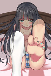 Rule 34 | 1girl, absurdres, artist request, ass, barefoot, black hair, blush, cameltoe, character request, feet, foot focus, green eyes, highres, legs, long hair, nail polish, panties, shiny skin, sitting, soles, solo, striped clothes, striped panties, toe scrunch, toenail polish, toenails, toes, underwear