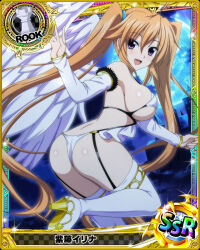 Rule 34 | 1girl, angel, angel wings, ass, boots, breasts, card (medium), chess piece, female focus, garter straps, high heel boots, high heels, high school dxd, large breasts, official art, orange hair, purple eyes, rook (chess), shidou irina, solo, thigh boots, thighhighs, twintails, underboob, white thighhighs, white wings, wings
