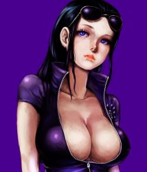Rule 34 | 1girl, black hair, blue eyes, breasts, cleavage, covered erect nipples, denchu (gowan), hair slicked back, jacket, large breasts, lips, long hair, nico robin, one piece, simple background, solo, sunglasses, tongue, unzipped