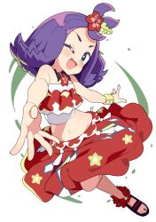 Rule 34 | 1girl, ;d, acerola (pokemon), acerola (sygna suit) (pokemon), bare shoulders, bikini, black footwear, blue eyes, blush, bracelet, creatures (company), flower, game freak, hair flower, hair ornament, highres, jewelry, looking at viewer, midriff, navel, nintendo, one eye closed, open mouth, pokemon, pokemon masters ex, purple hair, red flower, sandals, short hair, simple background, smile, solo, swimsuit, tottotonero, white background