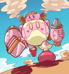 Rule 34 | aviator cap, blue eyes, blue sky, cloud, commentary request, day, diffraction spikes, dutch angle, gleam, goggles, goggles on headwear, highres, kirby, kirby: planet robobot, kirby (series), mecha, nintendo, no humans, piku (another pikuru), riding, robobot armor, robot, sky, smile, smoke, waving