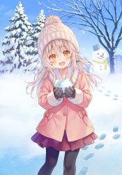 Rule 34 | 1girl, absurdres, black pantyhose, blonde hair, blush, braid, coat, footprints, fukahire (ruinon), hat, highres, long hair, looking at viewer, open mouth, original, outdoors, pantyhose, skirt, snowflake print, snowing, snowman, solo, tree, winter, winter clothes, winter coat, yellow eyes