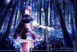 Rule 34 | 1girl, asymmetrical sleeves, comb (suz), facing viewer, floating lights, forest, frilled skirt, frills, glowing, grass, highres, leaning, long hair, looking at viewer, nature, obi, original, pixiv fantasia, pixiv fantasia t, red hair, red thighhighs, ribbon, sash, skirt, solo, thighhighs, title, tree, uneven sleeves, very long hair, wrist ribbon
