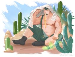 Rule 34 | 1boy, absurdres, bara, closed mouth, food, food in mouth, highres, large pectorals, leg hair, looking at viewer, male focus, muscular, muscular male, navel, nipples, original, overalls, pectorals, shirt, unworn shirt, short hair, sitting, socks, solo, weibo 7540192405, white shirt