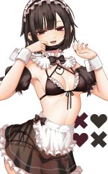 Rule 34 | 1girl, absurdres, bikini, black bow, black bowtie, black bra, black hair, black nails, black panties, bow, bowtie, bra, breasts, detached collar, frilled hairband, frills, hairband, half-closed eyes, hands up, highres, kushinaka, looking at viewer, maid, maid bikini, mask, mouth mask, multi-strapped panties, nail polish, open mouth, original, panties, red eyes, see-through, see-through skirt, short hair, side-tie panties, simple background, skirt, small breasts, solo, string bra, string panties, swimsuit, teeth, unconventional maid, underwear, upper teeth only, white background, wrist cuffs