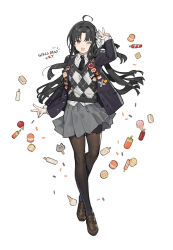 Rule 34 | 1girl, ahoge, awa subaru, black hair, black jacket, black necktie, black pantyhose, blazer, brown footwear, checkered clothes, checkered sweater vest, commentary, cookie, copyright name, english commentary, food, full body, girls band cry, grey skirt, ice cream, ice cream cone, jacket, loafers, long hair, looking at viewer, necktie, one eye closed, open clothes, open jacket, open mouth, pantyhose, parted bangs, pleated skirt, popsicle, purple eyes, shirt, shoes, simple background, skirt, solo, starshadowmagician, sweater vest, teeth, upper teeth only, white background, white shirt
