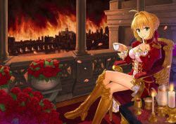 Rule 34 | 10s, 1girl, ahoge, armor, armored boots, blonde hair, boots, candle, chair, chalice, cityscape, cleavage cutout, clothing cutout, commentary request, cup, dress, epaulettes, fate/extra, fate (series), fire, flower, green eyes, hair bun, hair intakes, hair ribbon, holding, holding cup, nero claudius (fate), nero claudius (fate) (all), nero claudius (fate/extra), npcpepper, petals, red dress, red ribbon, ribbon, rose, single hair bun, sitting, solo