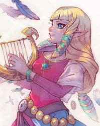 Rule 34 | 1girl, belt, bird, blue eyes, blunt bangs, bracelet, breasts, dress, falling feathers, feathers, green ribbon, hair ribbon, harp, highres, holding, holding instrument, instrument, jewelry, long hair, long sleeves, looking to the side, medium breasts, music, nintendo, pink dress, playing instrument, pointy ears, princess zelda, ribbon, sidelocks, smile, solo, the legend of zelda, the legend of zelda: skyward sword, tholia bentz, upper body