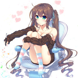 Rule 34 | 1girl, absurdres, blush, breasts, brown hair, cleavage, collarbone, commentary request, full body, green eyes, hair ribbon, heart, highres, holding, holding pen, long hair, long sleeves, looking at viewer, medium breasts, off shoulder, original, pen, raiou, ribbon, sitting, sleeves past wrists, smile, socks, solo, striped clothes, striped legwear, striped socks, twintails, very long hair