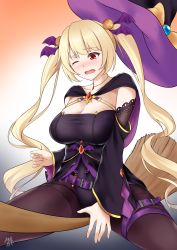 Rule 34 | 1girl, absurdres, azur lane, bat hair ornament, black background, black leotard, black pantyhose, blonde hair, bow, breasts, brooch, broom, broom riding, cape, cleavage, collar, detached sleeves, food-themed hair ornament, hair ornament, halloween, hat, hat bow, highres, jewelry, kamui aya, large breasts, leotard, long hair, long sleeves, multicolored background, necklace, nelson (azur lane), nelson (luna witch) (azur lane), one eye closed, orange background, pantyhose, pumpkin hair ornament, red eyes, solo, strapless, strapless leotard, tears, twintails, very long hair, white background, witch, witch hat, wristband