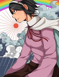 Rule 34 | 1jumangoku, 1other, amanomiya jun, androgynous, black hair, blue background, bow, bowtie, brown skirt, cape, closed mouth, cloud, commentary request, grey eyes, hairband, highres, japanese clothes, len&#039;en, long sleeves, looking to the side, pink shirt, rain, rainbow, red bow, red bowtie, shirt, short hair, skirt, smile, sun, two-tone background, umbrella hair ornament, white background, white cape, white hairband, wide sleeves