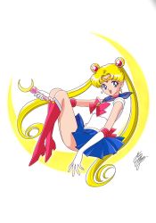 Rule 34 | 1girl, bishoujo senshi sailor moon, blonde hair, blue eyes, boots, choker, circlet, crescent, crescent earrings, double bun, earrings, elbow gloves, female focus, from side, full body, gloves, hair bun, jewelry, knee boots, long hair, magical girl, marco albiero, miniskirt, moon stick, open mouth, pleated skirt, sailor collar, sailor moon, sailor senshi uniform, signature, simple background, skirt, smile, solo, tsukino usagi, twintails, very long hair, white background, white gloves