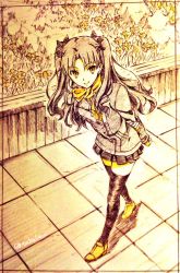 Rule 34 | 1girl, bad id, bad pixiv id, coat, colored pencil (medium), fate/stay night, fate (series), scarf, solo, takeluuu, thighhighs, tohsaka rin, traditional media, two side up, walking