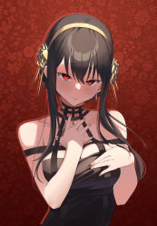 Rule 34 | 1girl, absurdres, bare shoulders, black hair, breasts, closed mouth, floral background, flower, gold hairband, hair flower, hair ornament, hairband, hand on own chest, highres, large breasts, long hair, looking at viewer, medium breasts, red background, red eyes, rose, sidelocks, solo, spikes, spy x family, upper body, xiaoxiao de kuangsan, yor briar
