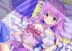 Rule 34 | 1girl, blush, bow, detached sleeves, dress, frilled thighhighs, frills, green eyes, heterochromia, highres, himemori luna, himemori luna (1st costume), hololive, long hair, looking at viewer, lying, miwa uni, on back, on bed, pillow, pink hair, purple eyes, sheet music, solo, spaghetti strap, thighhighs, virtual youtuber