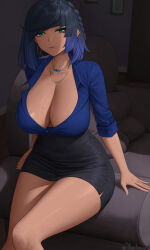 Rule 34 | 1girl, black hair, black skirt, blue hair, blue shirt, blush, bob cut, breasts, cleavage, collarbone, collared shirt, couch, diagonal bangs, dress shirt, earrings, genshin impact, green eyes, high-waist skirt, highres, hoop earrings, jewelry, large breasts, long sleeves, looking at viewer, mole, mole on breast, multicolored hair, necklace, pencil skirt, shirt, short hair, sitting, skirt, sleeves rolled up, smile, solo, thighs, two-tone hair, yelan (genshin impact), zaphn