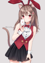 Rule 34 | 1girl, ace (playing card), ace of hearts, animal ear fluff, animal ears, anz32, bare shoulders, black skirt, blush, bow, bowtie, brown hair, card, cat ears, cat girl, cat tail, closed mouth, commentary request, hair between eyes, hair ornament, hairclip, hand up, heart, heart hair ornament, holding, holding card, long hair, looking at viewer, nina (anz32), original, playing card, pleated skirt, red bow, red bowtie, red eyes, red vest, shirt, skirt, solo, tail, twitter username, vest, white shirt, wrist cuffs