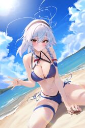 Rule 34 | 1girl, absurdres, alternate costume, bare arms, bare shoulders, barefoot, bikini, black hairband, blue bikini, blue sky, bow, braided sidelock, breasts, cleavage, cloud, cloudy sky, criss-cross halter, day, eyelashes, hairband, halterneck, hand up, hashtag-only commentary, highres, holding, izayoi sakuya, large breasts, looking at viewer, mountainous horizon, navel, outdoors, red bow, red eyes, rkin, side-tie bikini bottom, sitting, sky, solo, sparkle, sunlight, swimsuit, thigh strap, touhou, wariza, white hair