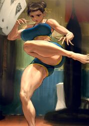 Rule 34 | 1girl, barefoot, blue shorts, blue sports bra, breasts, brown hair, capcom, chun-li, collarbone, double bun, gym, hair bun, hair ribbon, highres, indoors, infi, kicking, large breasts, muscular, muscular female, punching bag, ribbon, short shorts, shorts, sleeveless, solo, sports bra, standing, standing on one leg, street fighter, street fighter 6, sweat, thick thighs, thighs, toes, training, underwear, yellow ribbon