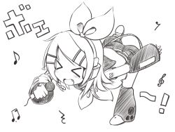 Rule 34 | !, &gt; &lt;, 1girl, beamed eighth notes, bow, commentary, detached sleeves, eighth note, fang, greyscale, hair bow, hair ornament, hairclip, headphones, holding, holding microphone, kagamine rin, leaning forward, leg up, leg warmers, microphone, monochrome, moomlin, music, musical note, neckerchief, open mouth, quarter rest, sailor collar, short hair, short shorts, shorts, shoulder tattoo, singing, standing, standing on one leg, swept bangs, tattoo, translated, treble clef, vocaloid
