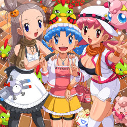 Rule 34 | 1990s (style), 3girls, adapted costume, bike shorts, blue eyes, blue hair, bow, breasts, brown hair, character name, cleavage, clefairy, creatures (company), eyelashes, fingerless gloves, game freak, gen 1 pokemon, gen 2 pokemon, gloves, gym leader, hat, jasmine (pokemon), jigglypuff, kris (pokemon), legendary pokemon, magnemite, medium breasts, midriff, multiple girls, natu, nintendo, on head, open clothes, open shirt, pantyhose, pikachu, pink hair, pokemoa, pokemon, pokemon (creature), pokemon gsc, pokemon on head, red eyes, retro artstyle, scarf, shirt, short twintails, shorts, skirt, small breasts, suicune, thighhighs, togepi, twintails, two side up, unown, unown a, unown c, unown l, unown r, unown s, unown t, unown y, whitney (pokemon)