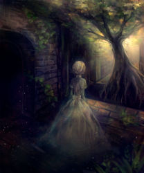 Rule 34 | 1girl, bow, brick floor, brick wall, clona, commentary request, dress, from behind, ghost, highres, original, puffy sleeves, ruins, short hair, short sleeves, solo, stairs, tree