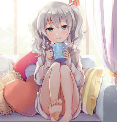 Rule 34 | 1girl, 1other, anbutter siruko, barefoot, blue eyes, blush, closed mouth, couch, cup, curtains, enemy lifebuoy (kancolle), hair between eyes, heart, heart-shaped pillow, highres, holding, holding cup, kantai collection, kashima (kancolle), long hair, long sleeves, looking at viewer, pillow, shirt, silver hair, smile, striped clothes, striped shirt, toes, twintails, window