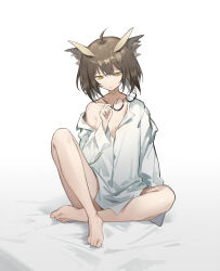 Rule 34 | 1girl, arknights, barefoot, bed sheet, black-framed eyewear, breasts, brown eyes, brown hair, collarbone, collared shirt, commentary request, dress shirt, unworn eyewear, glasses, hair between eyes, highres, holding, holding removed eyewear, naked shirt, off shoulder, parted lips, shirt, silence (arknights), simple background, sitting, small breasts, solo, wdm998, white background, white shirt