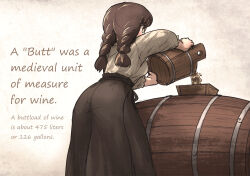 Rule 34 | 1girl, barrel, braid, brown hair, brown skirt, bucket, english text, facing away, highres, ironlily, ordo mediare sisters (ironlily), shirt, simple background, skirt, twin braids, white shirt