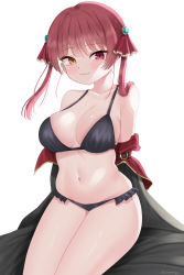 Rule 34 | 1girl, :3, absurdres, arms behind back, bikini, black bikini, blush, breasts, closed mouth, clover (cloversoya), coat, collarbone, heterochromia, highres, hololive, houshou marine, large breasts, long hair, looking at viewer, navel, red eyes, red hair, removing coat, simple background, solo, swimsuit, twintails, virtual youtuber, white background, yellow eyes